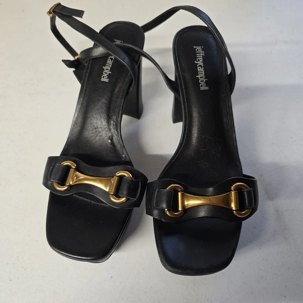 Jeffrey Campbell ‎ Ankle Strap Block heel Sandal  In Black Leather Sz 8.5